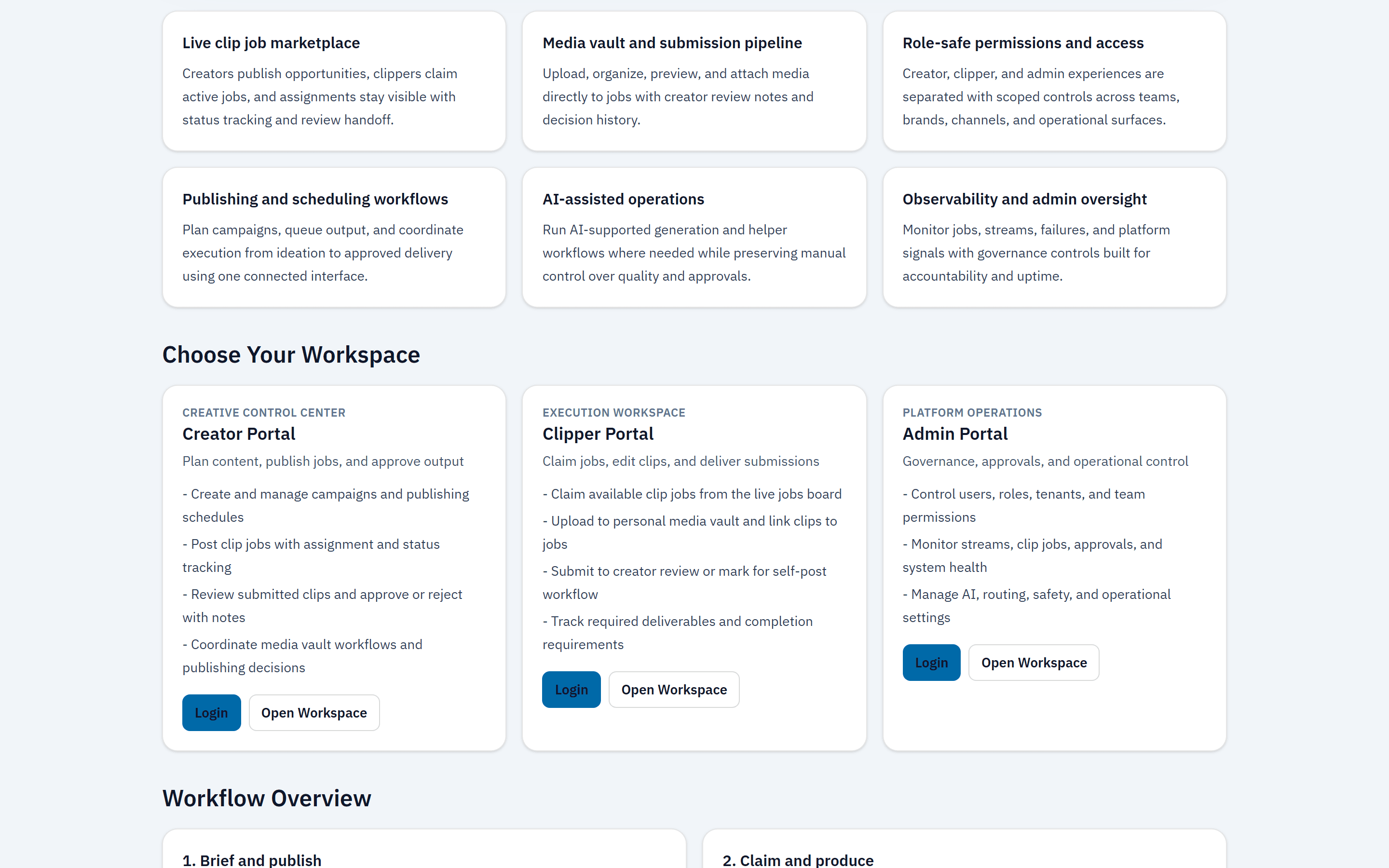 Creator · Clipper · Admin — three workspaces, one stack